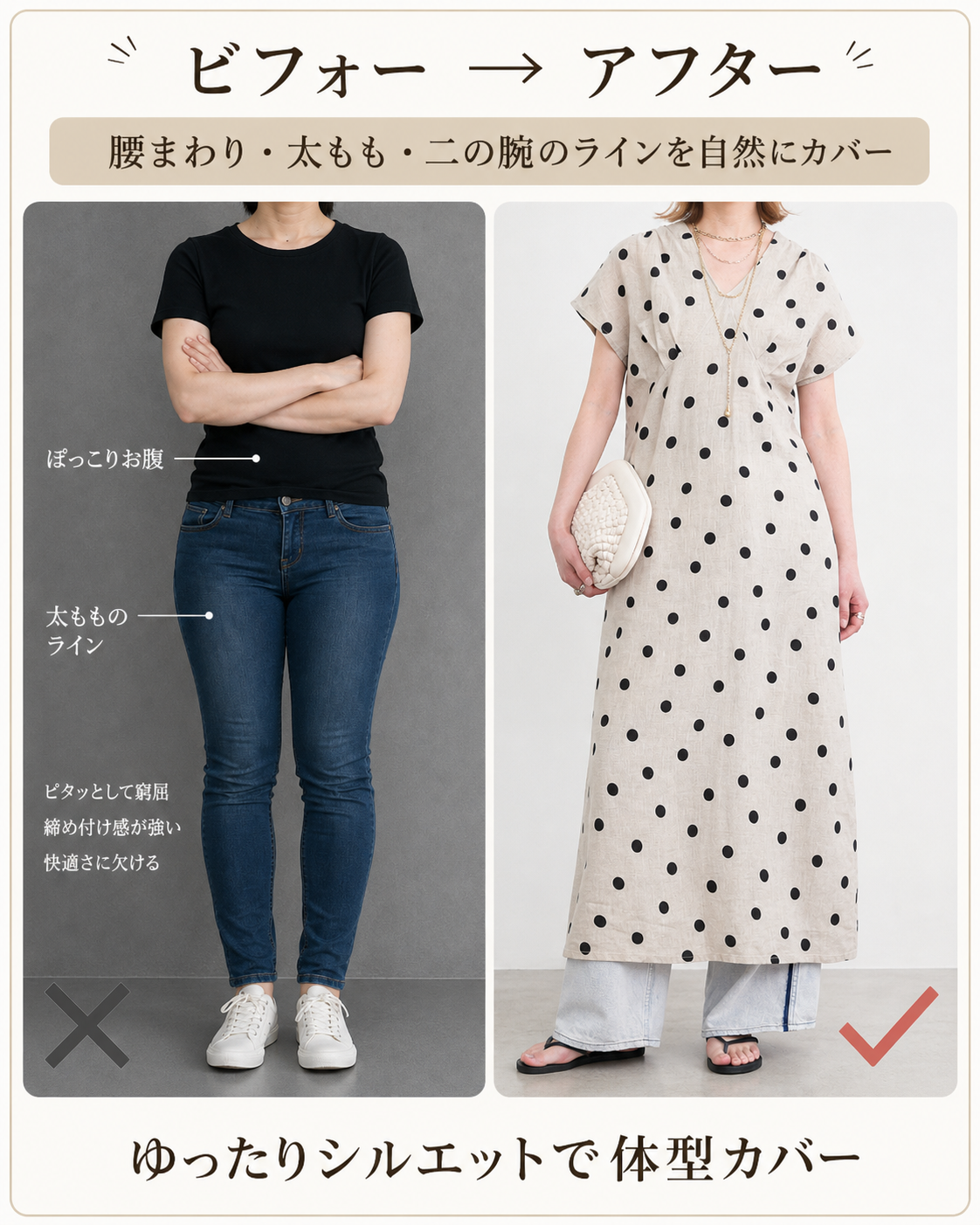 100% リネン 水玉柄 V ネック半袖ワンピース スリム見え