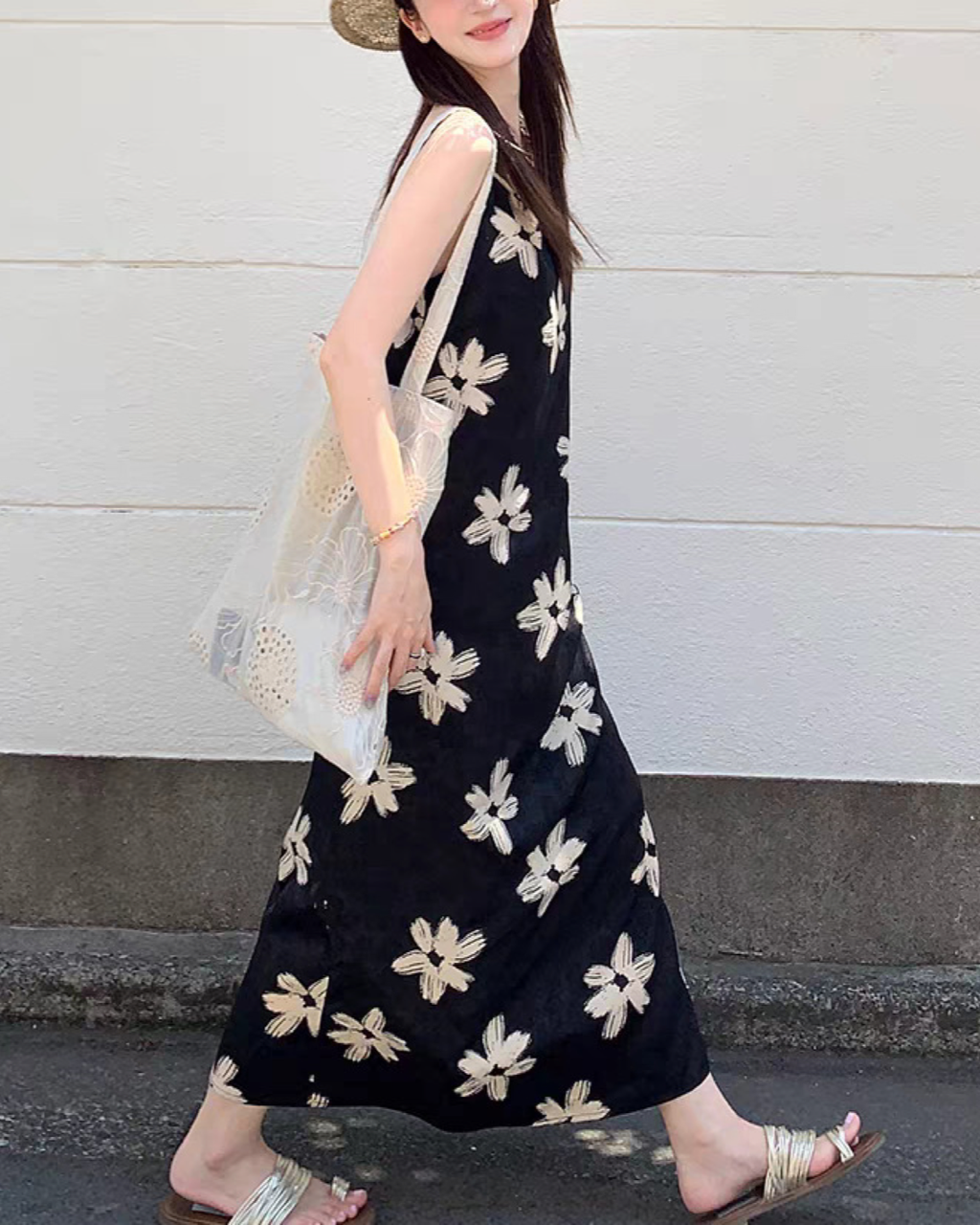 花柄サテンキャミワンピ