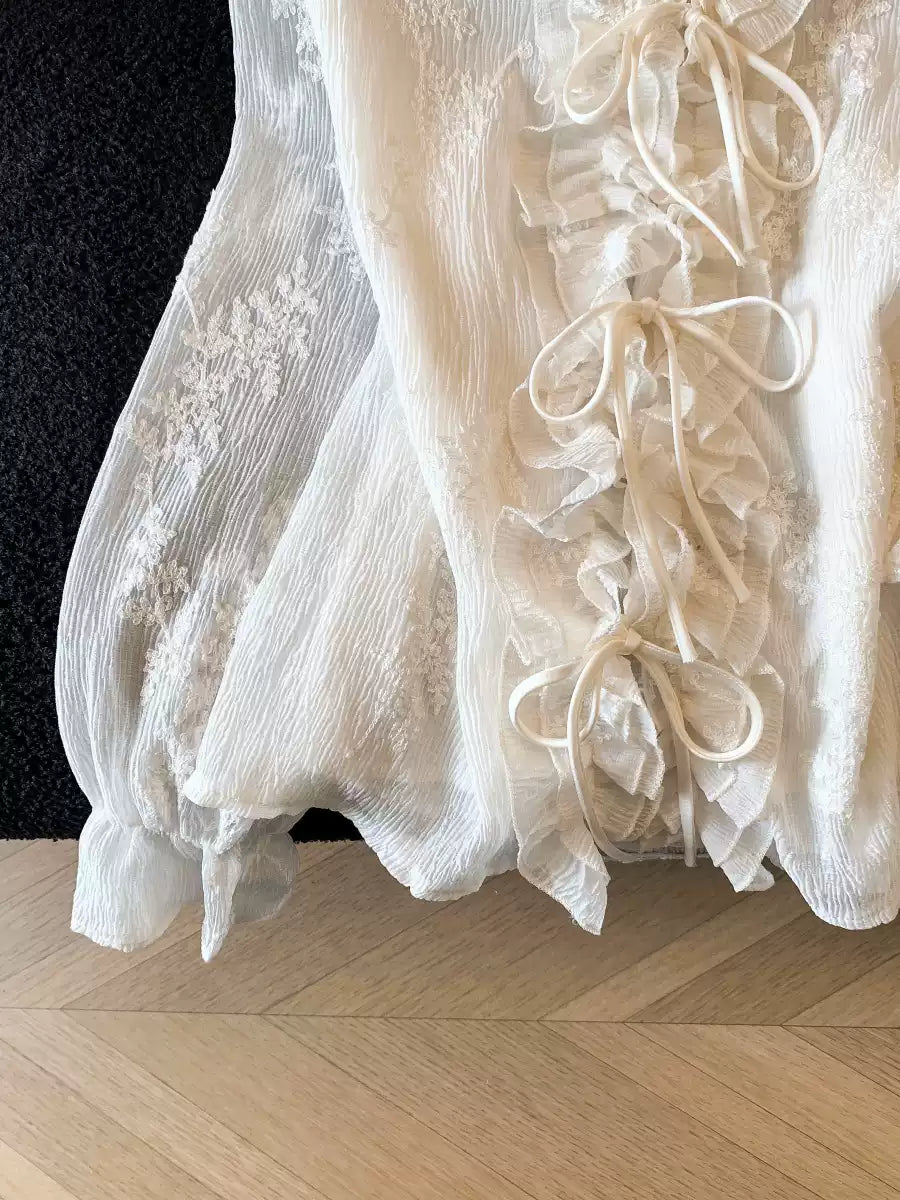 フレンチレース刺繍シフォンブラウス フリルリボン前結び長袖トップス