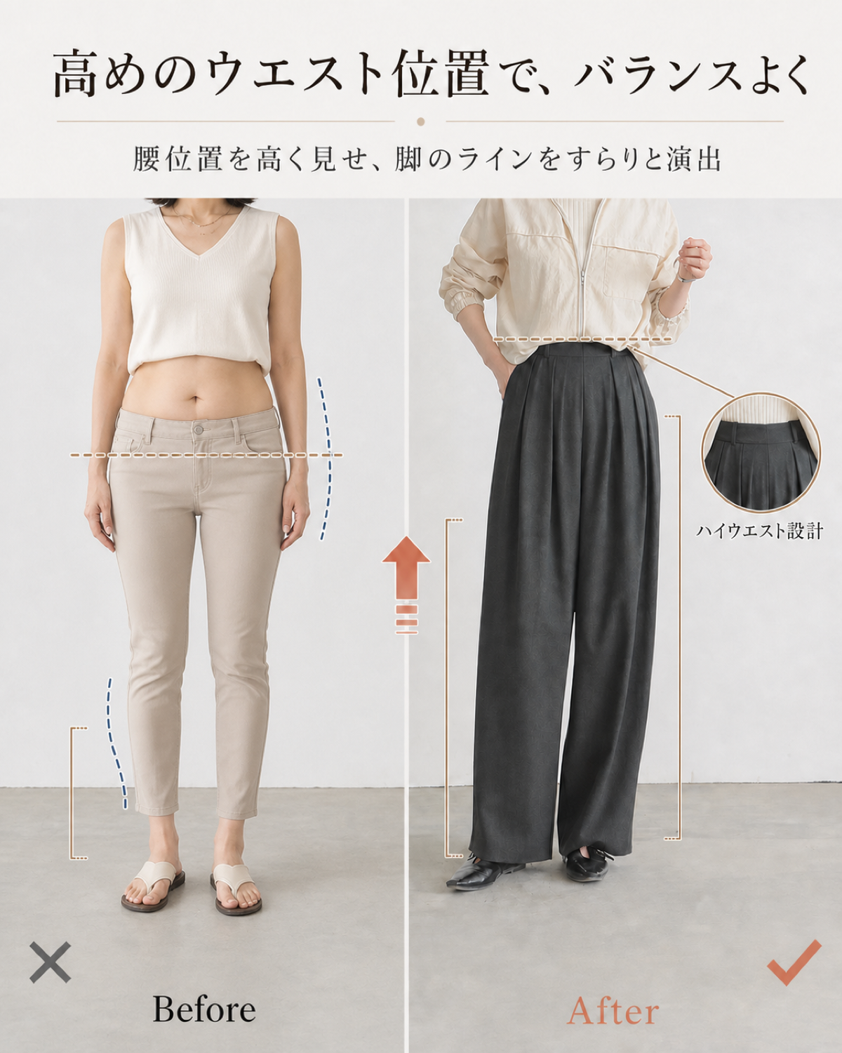 ハイウエストゴム ワイドストレート 落ち感ゆったり きれいめ 脚長見え