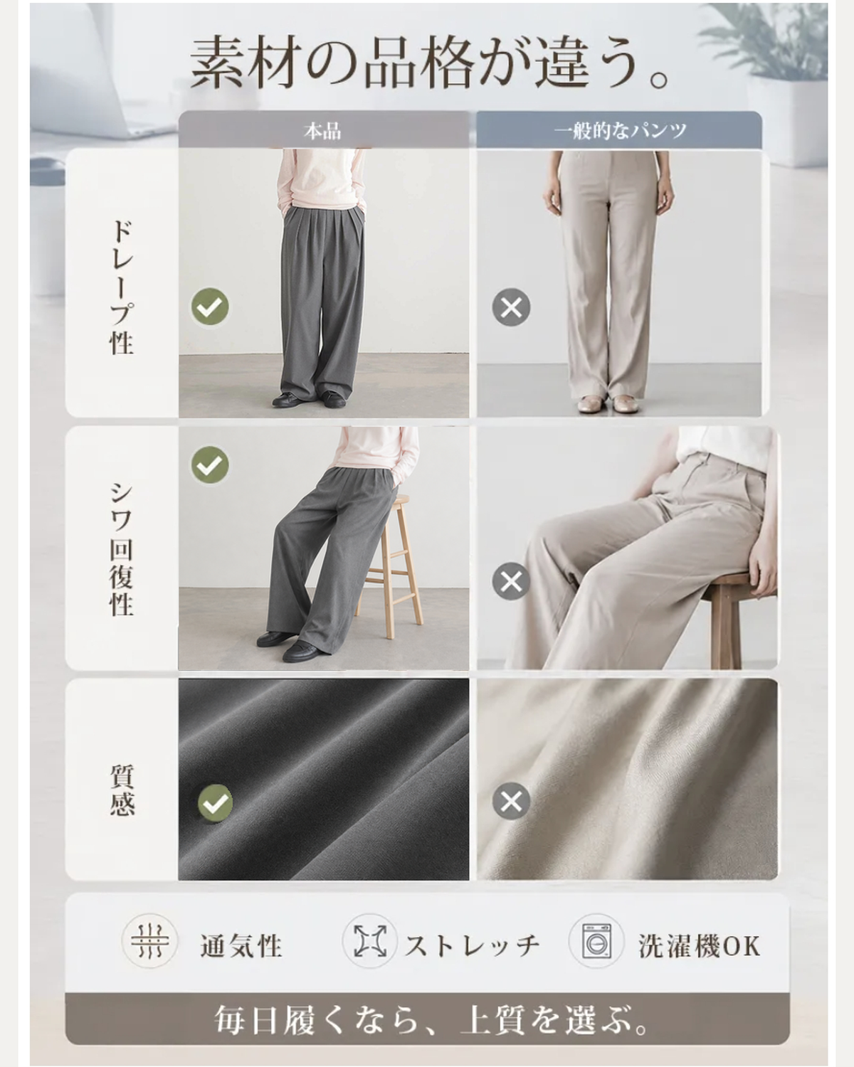 ハイウエストゴム ワイドストレート 落ち感ゆったり きれいめ 脚長見え