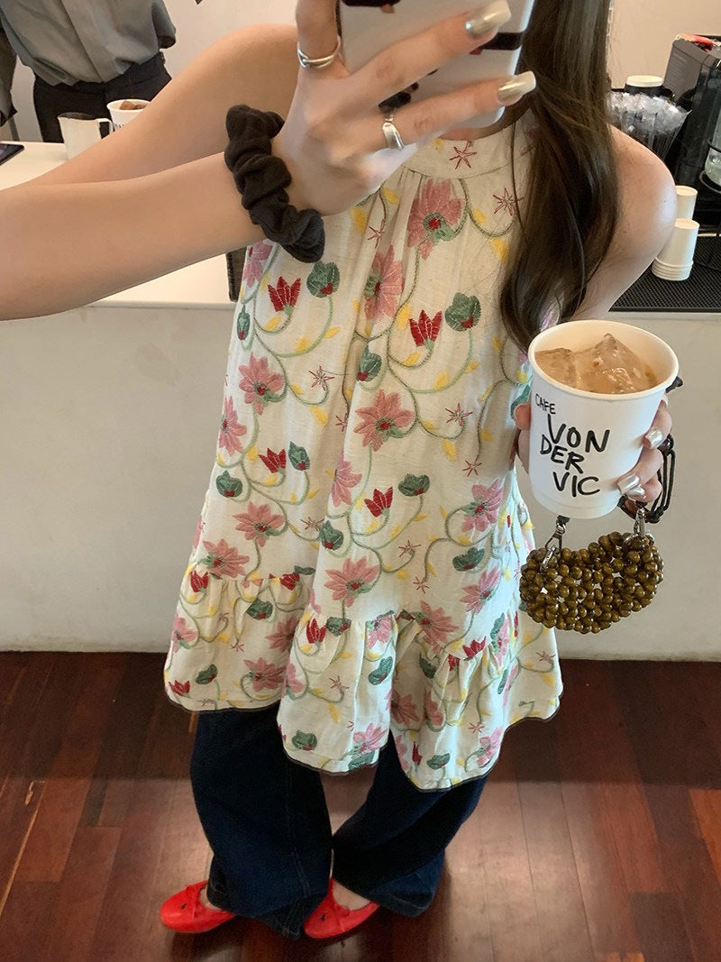 総刺繍ハルターネック裾フレア A ライントップス